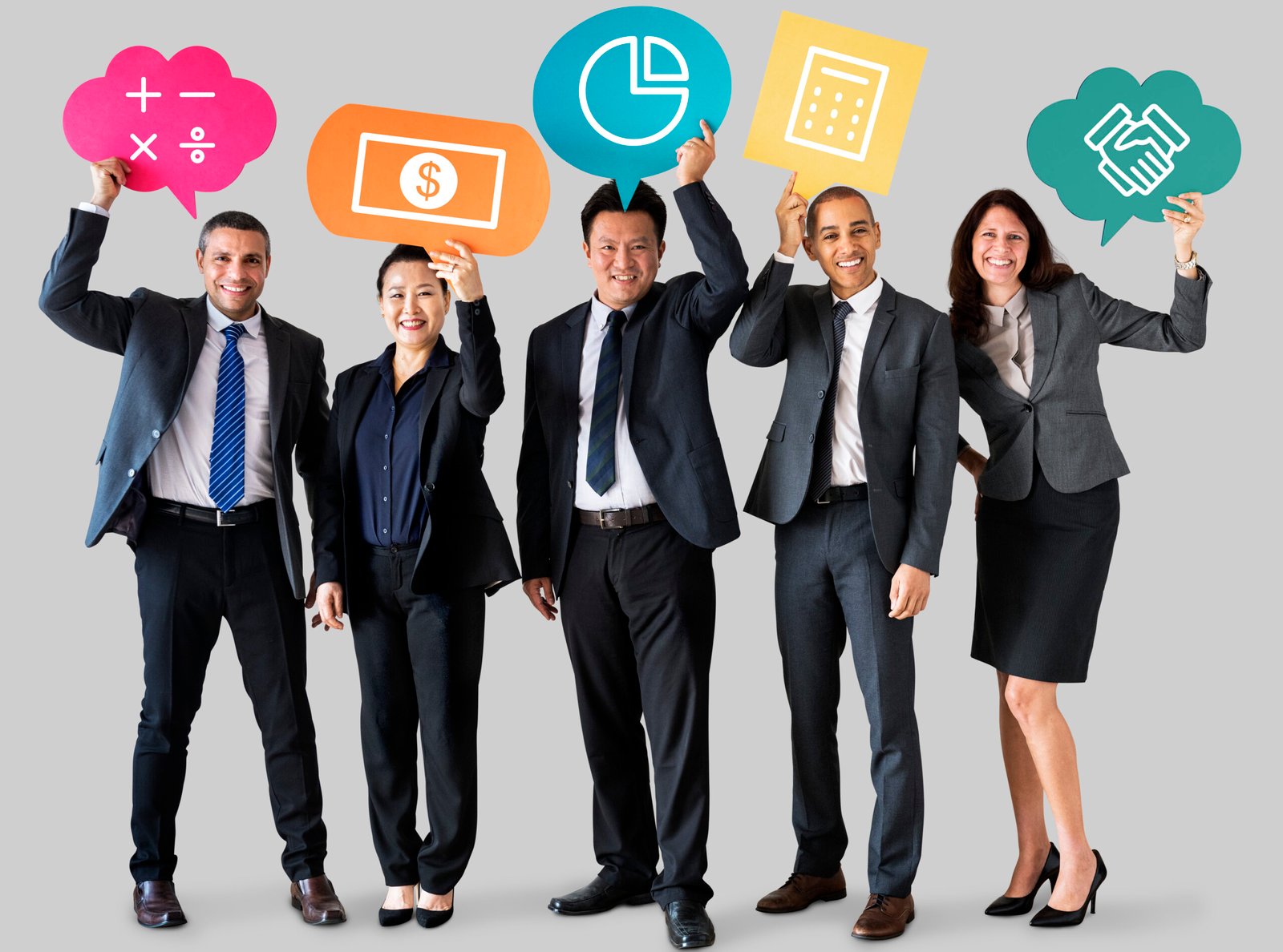 Cheerful business people holding speech bubble icon